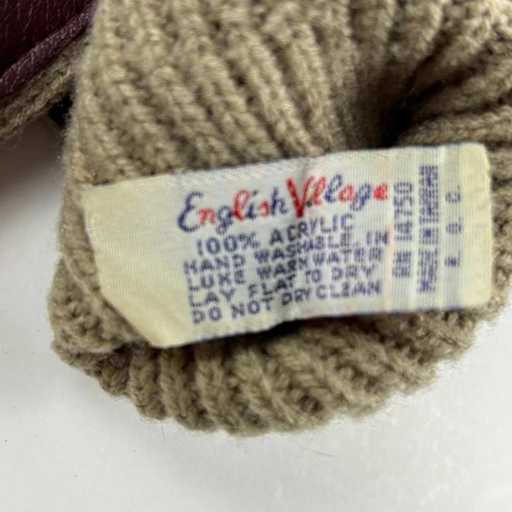 Vintage English Village Knit Leather Driving Gloves Womens Tan‎ Burgundy Gold CC